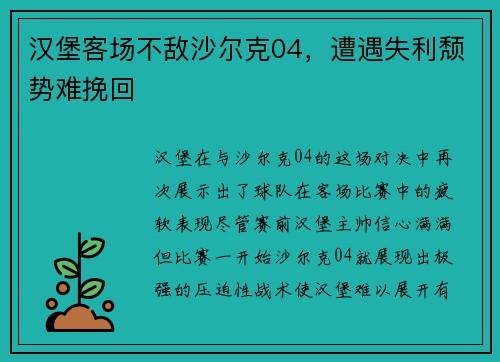 汉堡客场不敌沙尔克04，遭遇失利颓势难挽回